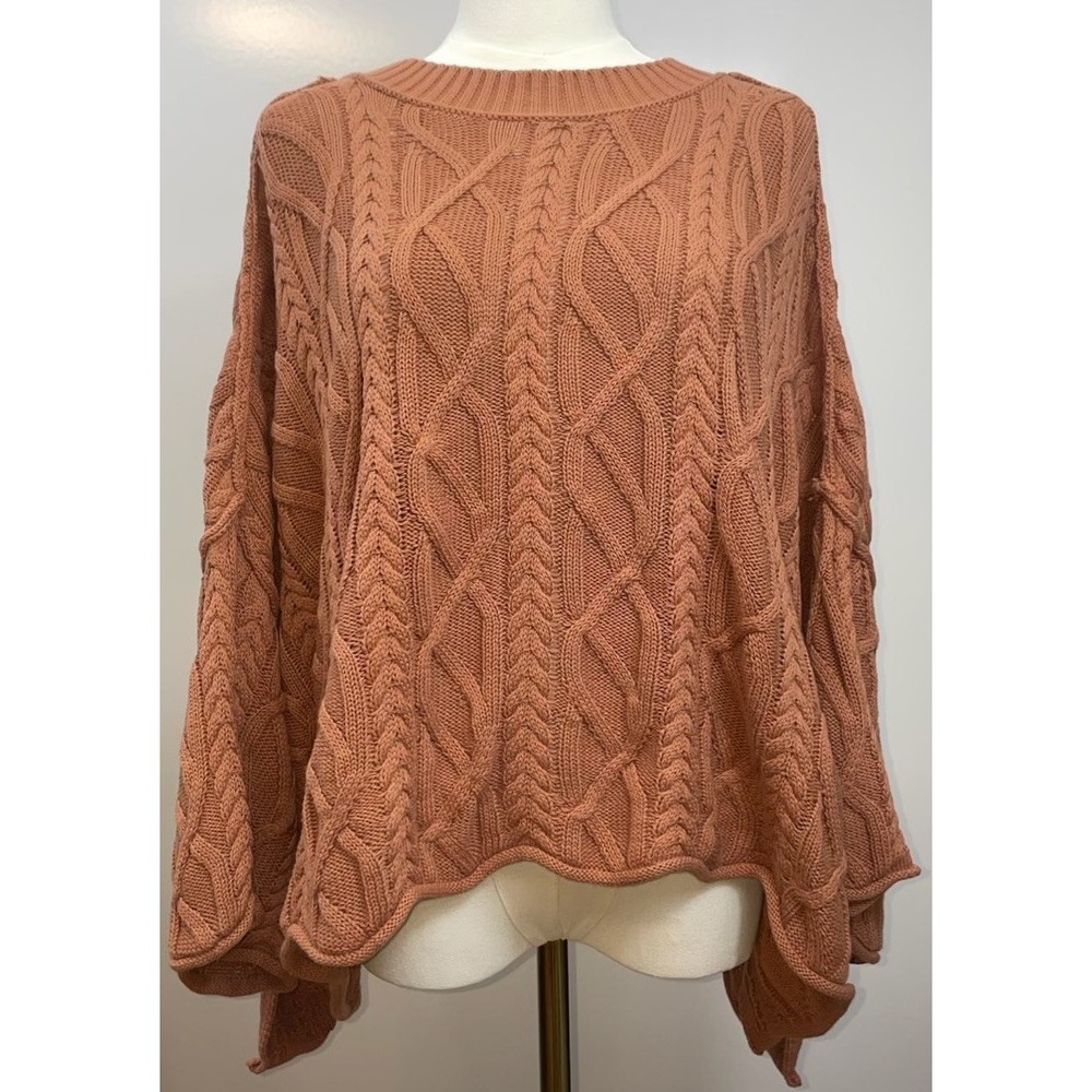 Tres Bien Terracotta Chunky Cotton Cable Knit Poncho Sweater Women S M NWT